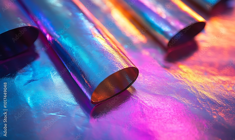 Poster colorful metallic tubes reflect vibrant light, creating a stunning visual effect with a blend of hue