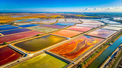 Vibrant aerial view of colorful salt evaporation ponds showcasing stunning array of hues. landscape features geometric patterns and reflects beauty of natures palette