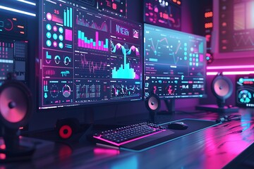 Finance icons integrated into a high-resolution computer monitor with a futuristic workspace setup featuring multiple screens and gadgets