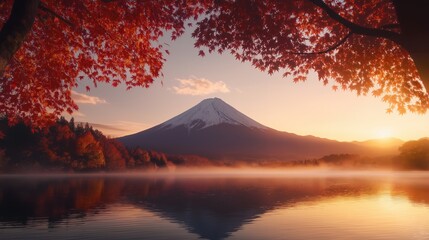 Obraz premium Mount Fuji during the autumn season, surrounded by vibrant red and orange leaves