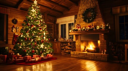 Fototapeta premium Decorated Christmas Tree with Presents in a Cozy Cabin with a Fireplace