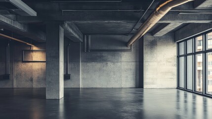 Naklejka premium Industrial Loft Room with Blank Concrete Wall and Modern Design