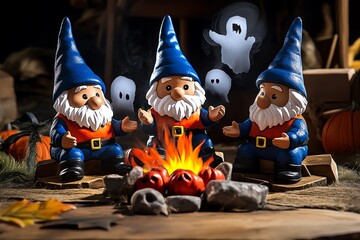 Watercolor scene of gnomes telling ghost stories around a campfire, with shadows of ghostly figures in the background, capturing the spooky fun of a gnome Halloween