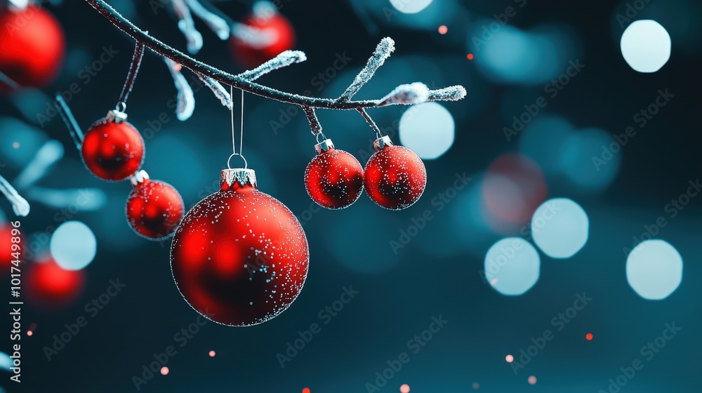Poster beautiful red christmas ornaments hang on frosted branches, creating a magical winter scene with spa