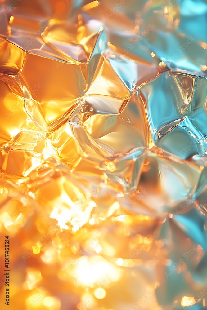 Aufkleber An abstract close-up of a reflective, multi-faceted surface displaying vibrant hues of orange and blue, creating a mesmerizing light effect.