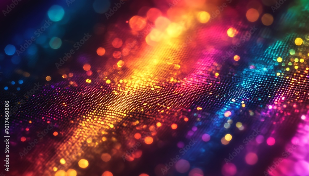 Poster A vibrant, colorful abstract image featuring sparkling lights and a rainbow spectrum on a textured surface.
