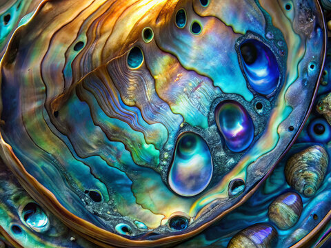 vibrant colors and intricate patterns of iridescent paua shell create stunning visual experience, showcasing natures artistry in close up view