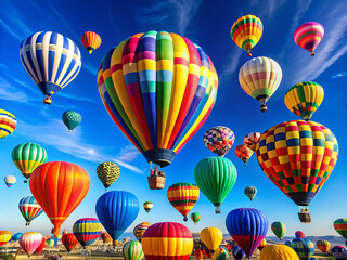Obraz premium Colorful hot air balloons fill sky, creating vibrant spectacle against clear blue backdrop. scene evokes sense of joy and adventure, perfect for capturing beauty of flight