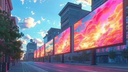 Digital billboard mockup showcasing vibrant, animated ads with high-resolution screens, perfect for modern marketing and promotional purposes in a city setting. High resolution Illustration, in the