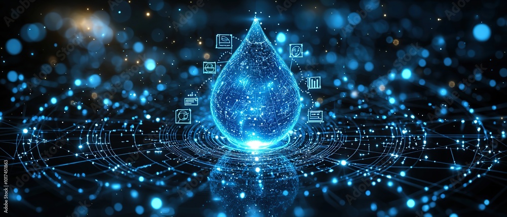 Poster abstract digital representation of a water drop with glowing circuits and data icons.