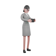 3D Male Journalist in Newsroom. A female journalist stands holding a cellphone that is horizontal with both hands. Media Illustration