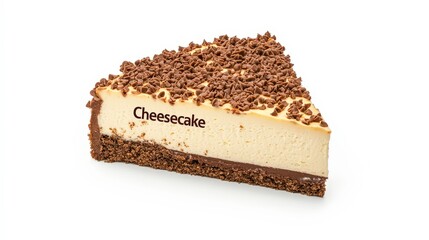 Delicious slice of cheesecake with chocolate topping on white background