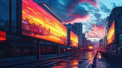 Fototapeta premium Eye-catching digital billboard mockup with bright, animated screens and vivid colors, ideal for presenting modern digital advertisements in a contemporary cityscape. High resolution Illustration, in