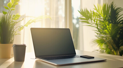 Fototapeta premium Laptop, Phone, and Coffee on Desk in Home Office with Sunlight Streaming In