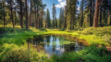A quiet forest clearing with a small, crystal-clear pond in the center, surrounded by tall trees and thick underbrush.
