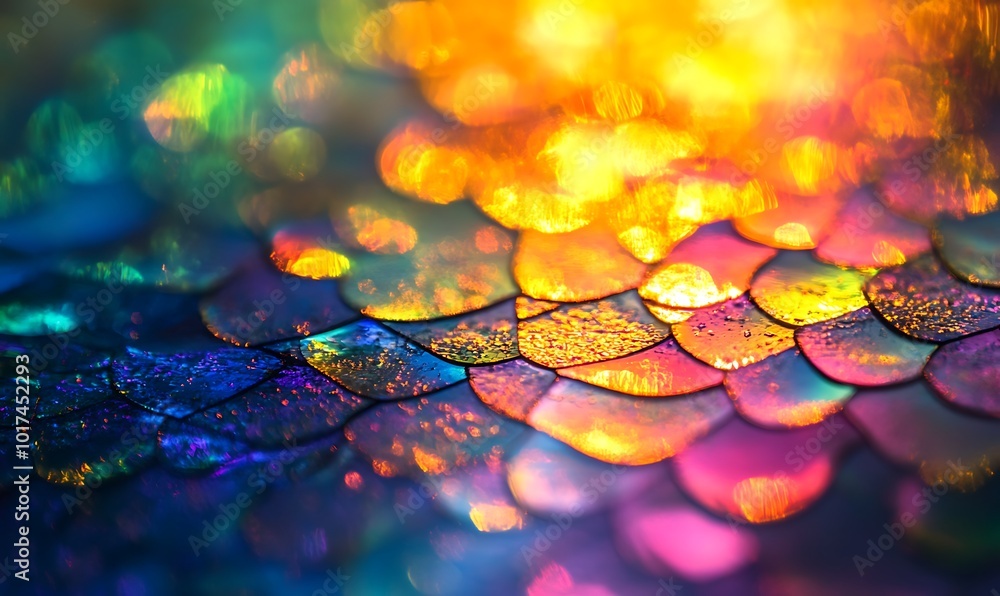 Aufkleber A vibrant close-up of colorful, shimmering scales displaying a range of hues, creating a mesmerizing, iridescent effect.