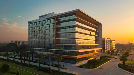 Modern Private Hospital Building at Sunset