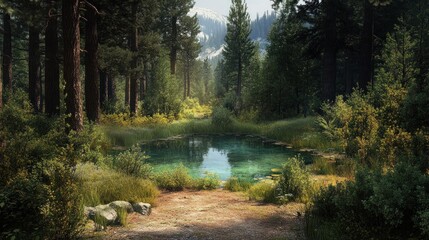 A quiet forest clearing with a small, crystal-clear pond in the center, surrounded by tall trees and thick underbrush.