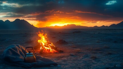 A campfire burns brightly in a desert landscape at sunset, with a kettle warming on a blanket nearby.