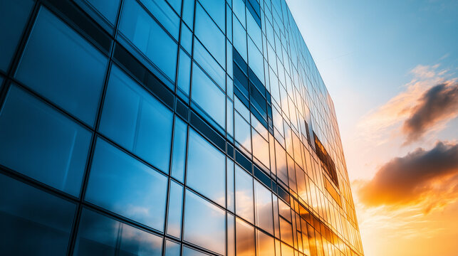 Modern Glass Building Reflecting Sunset Sky