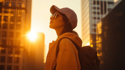 Fototapeta premium Woman in Sunglasses and Hat Looking Up at Sunset in City