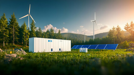 Renewable Energy Station with Solar Panels and Wind Turbines, in a Green Field