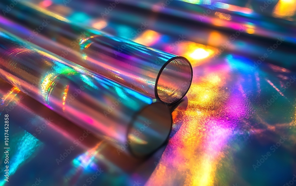 Aufkleber a vibrant close-up of transparent tubes reflecting colorful light patterns on a smooth surface, crea