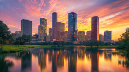 Fototapeta premium Houston Skyline with Colorful Sunset Reflection in Water