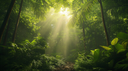 Sunlight Streaming Through Tropical Rainforest Canopy