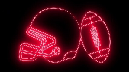 illustration of ruqby sports equipment in the form of a safety helmet and an oval ruqby ball, a hand and foot sport, a large red animated ball that goes around shining - Powered by Adobe