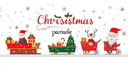 Festive holiday parade featuring santa and festive decorations with gifts