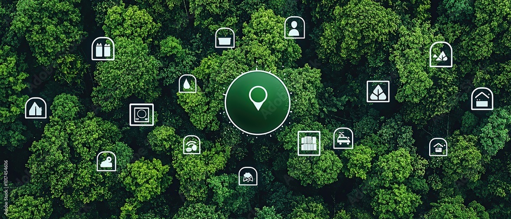 Poster aerial view of a forest with white icons representing smart home devices and a green location pin.