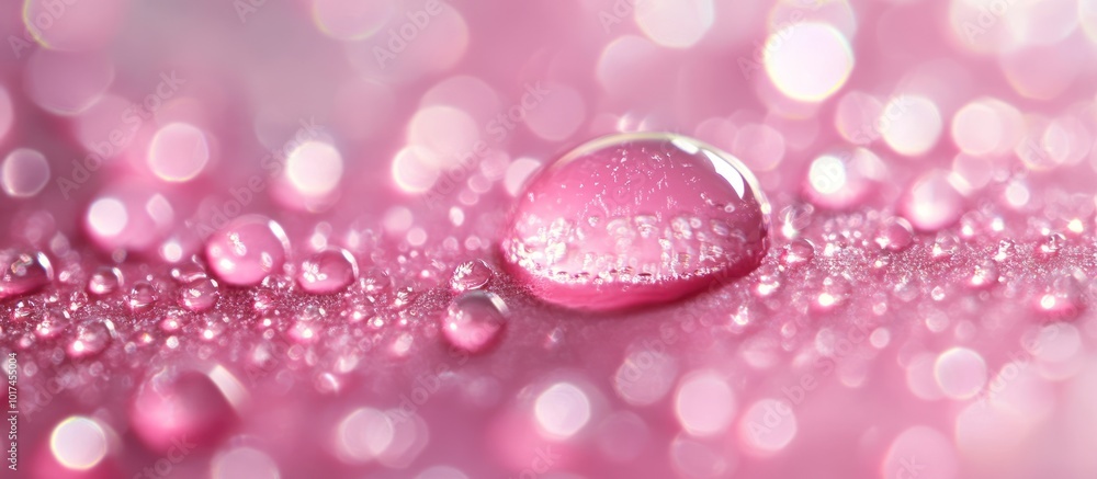 Poster close-up of dew drops on a pink surface with soft bokeh.