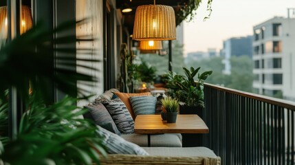 Cozy outdoor balcony with comfortable seating, soft pillows, and lush green plants, creating a relaxing atmosphere with warm ambient lighting at dusk.