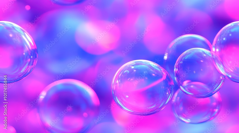 Wall mural seamless pattern of transparent bubbles floating over a vibrant rainbow-colored background, creating