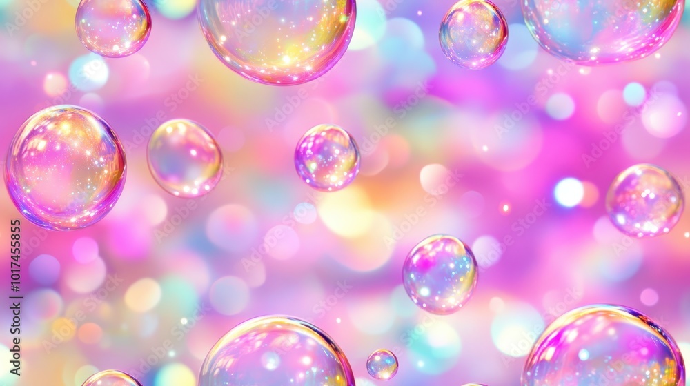 Wall mural seamless pattern of transparent bubbles floating over a vibrant rainbow-colored background, creating