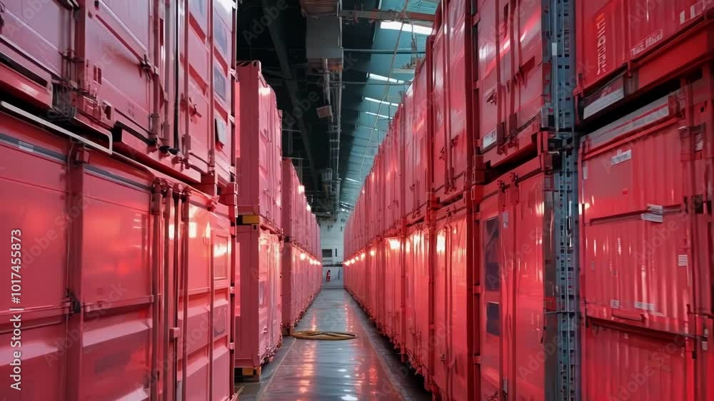 Poster red light is illuminating rows of pink shipping containers stacked on top of each other inside a lar