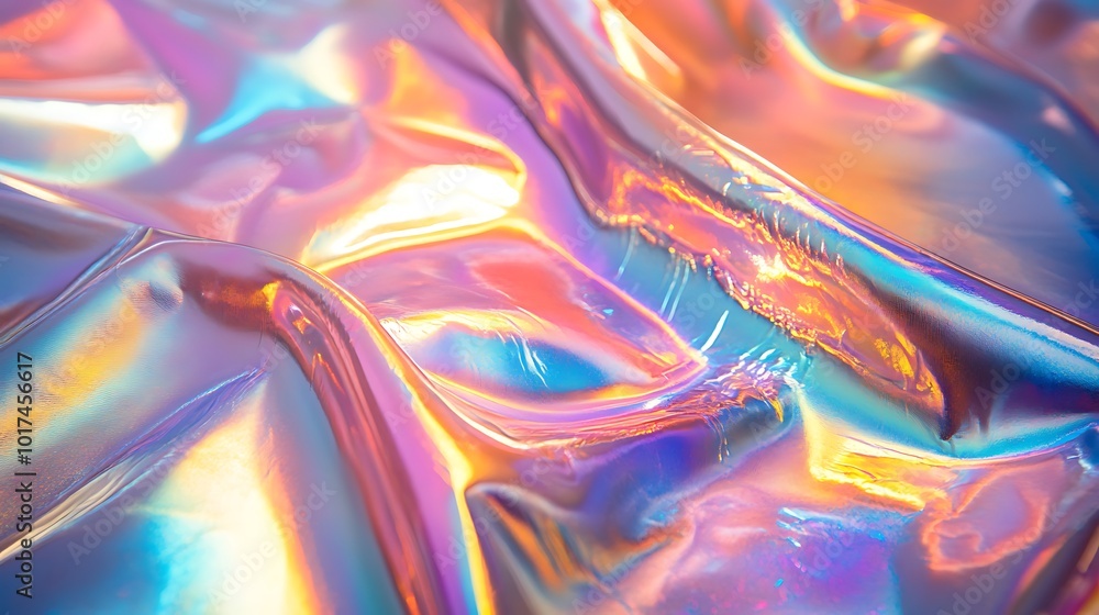 Aufkleber A vibrant, iridescent fabric with flowing folds, reflecting a spectrum of colors and creating a dynamic visual effect.