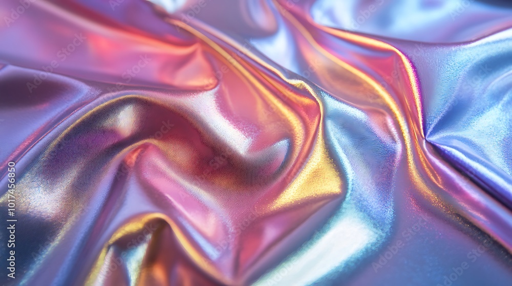 Poster a vibrant, iridescent fabric displays colorful waves and folds, reflecting light in a mesmerizing, s
