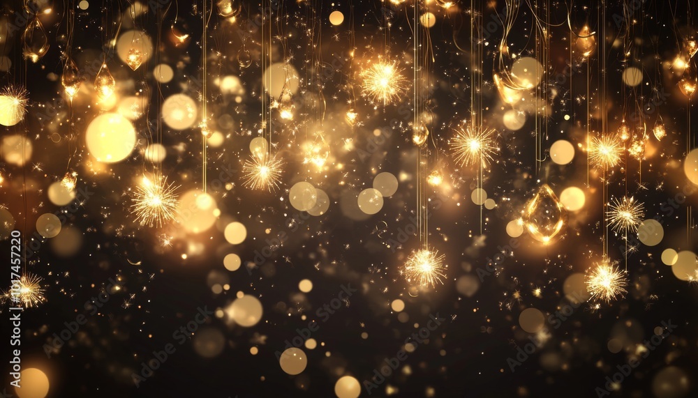Poster abstract background with golden bokeh lights and sparkles.