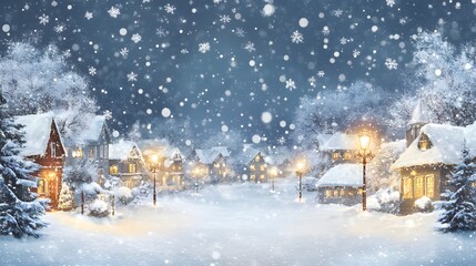 Naklejka premium Snowy Village Scene with Cozy Illuminated Houses