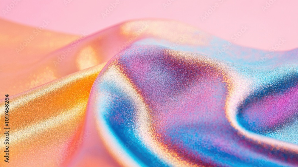 Poster bright metallic fabric flows and shimmers, reflecting colors and creating a breathtaking visual agai