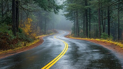 Obraz premium Winding Road Through a Misty Evergreen Forest