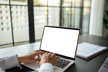 Business man using laptop blank screen computer working in office mockup image blank screen...