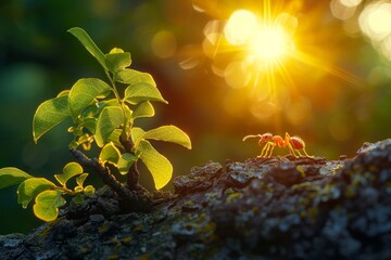 Naklejka premium A red ant walks on a tree branch with sun shining through green leaves. AI generative. .