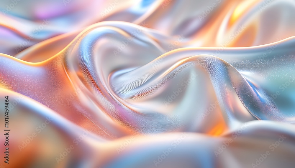 Poster A close-up view of iridescent, wavy fabric displaying a smooth texture with rainbow-like hues, creating a dreamy and soft aesthetic.