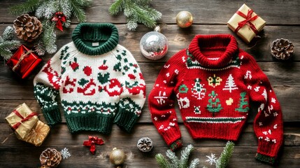 Whimsical Flat Lay of Ugly Christmas Sweater Elements on Rustic Wood