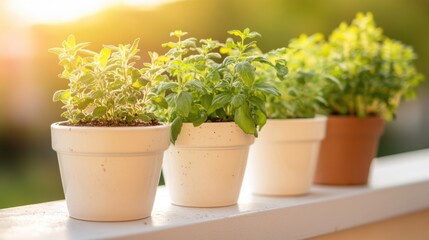 Fototapeta premium herbs flourish in pots on a balcony, basking in warm sunlight, creating a lively garden atmosphere outdoors