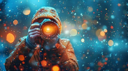 A person in an orange jacket holds a camera with a bright light coming from the lens. The background has a blue hue with blurred lights. AI generative. .