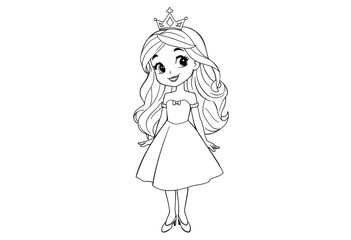Cute Princess Girl in a Dress and Crown - Coloring Page